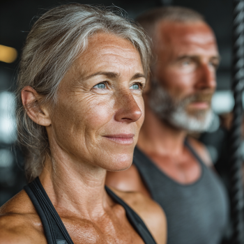 Літні люди займаються у спортзалі